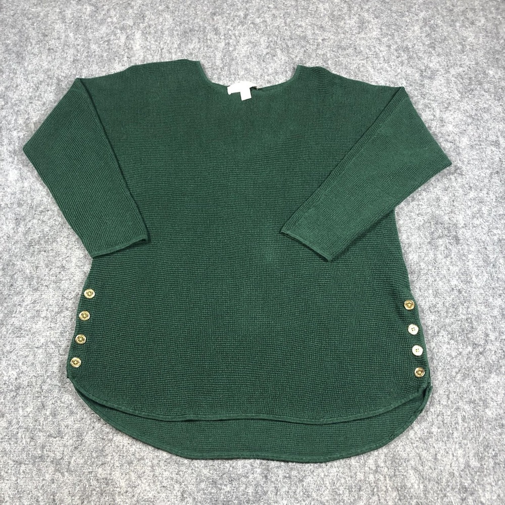 MICHAEL Michael Kors Sweater Womens M Green Waffle Knit Side Button Tunic Top